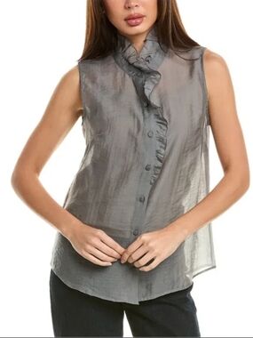 Cabi Coin Top Grey Semi Sheer Sleeveless Ruffle Button Up Women's Size L